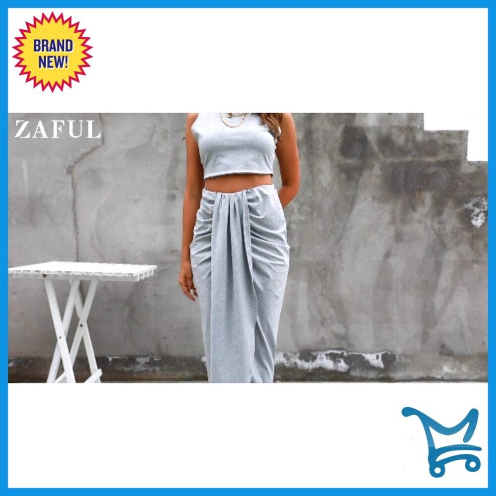 Sleeveless Crop Top Maxi Skirt Set Ruched Side Slit Elegant Party Wear - Picture 7 of 7
